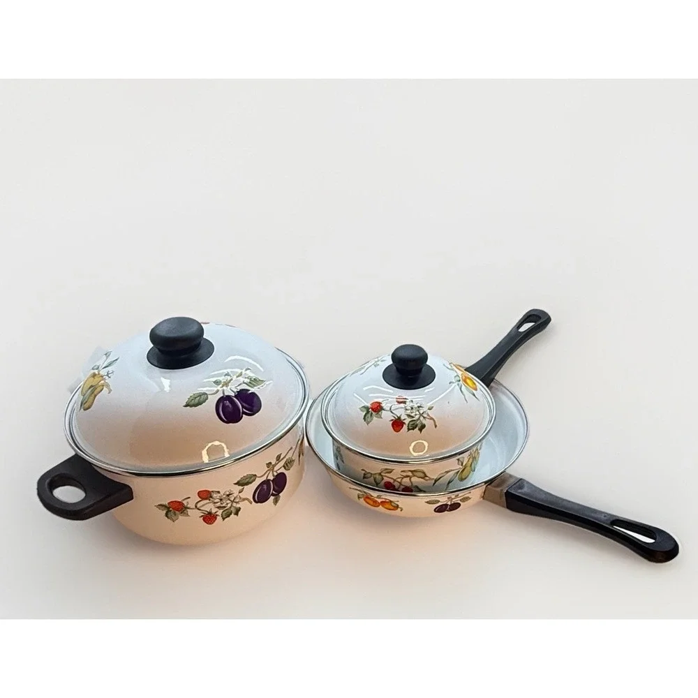 Vintage Tabletops Unlimited Dulcie Enamelware Cookware Set Fruit Motif 3 Pc